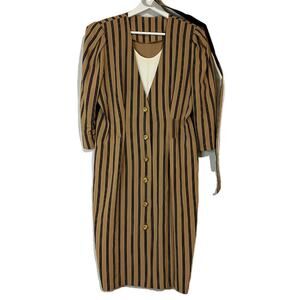 Vintage Whirlaway Frocks Women’s Pinstripe Dress Belted Tan Black Size 10P EUC